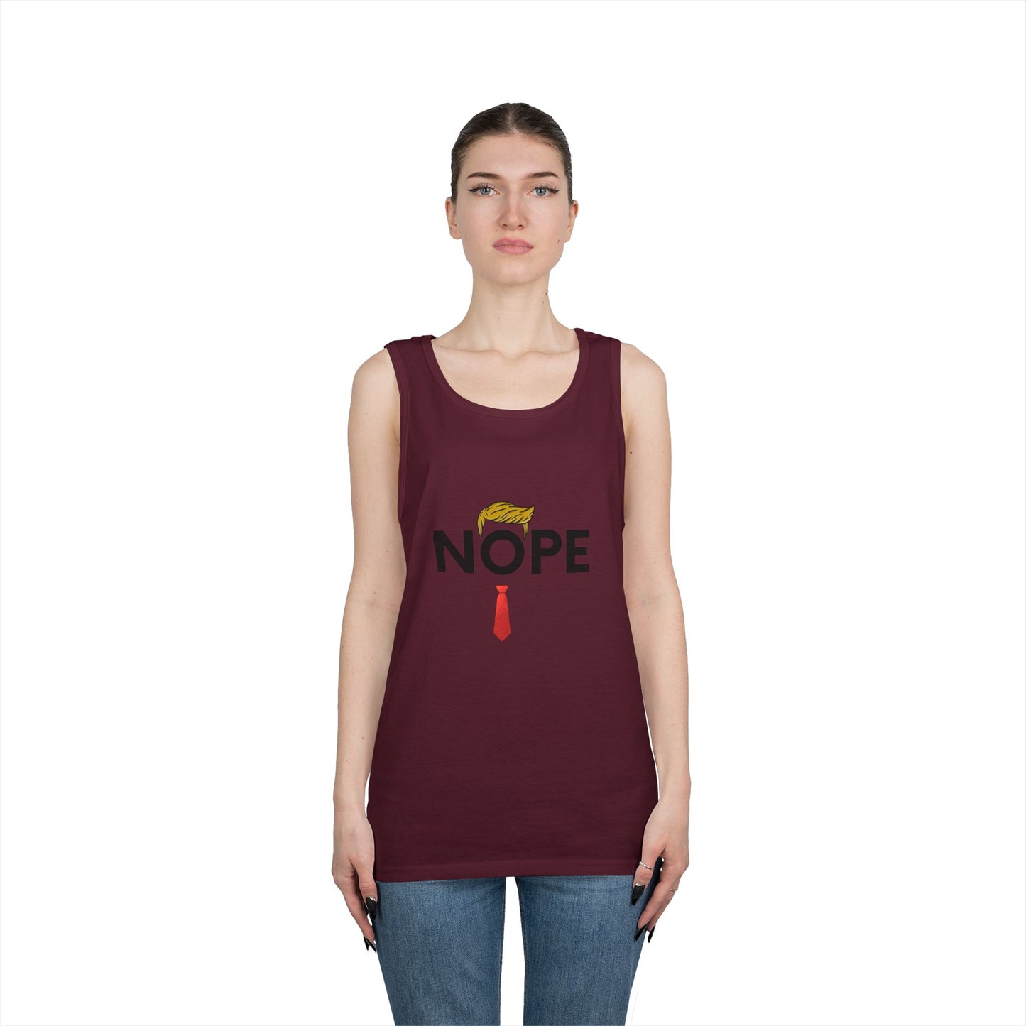 NOPE Trump Funny Political Statement Tank Top, Unisex Cotton Muscle Tee, Summer Wear, Gifts for Him and Her, Party Attire, Beach Clothing