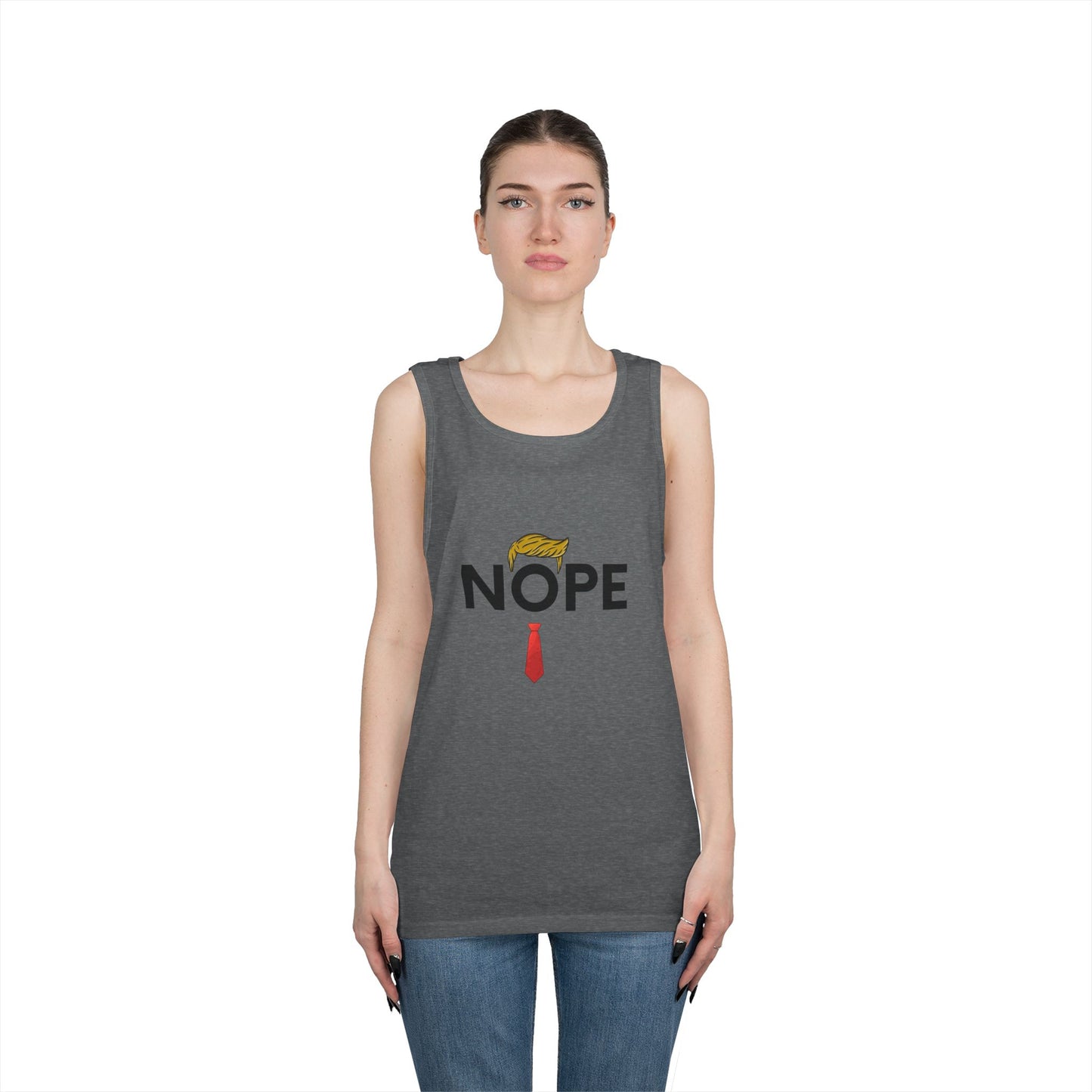 NOPE Trump Funny Political Statement Tank Top, Unisex Cotton Muscle Tee, Summer Wear, Gifts for Him and Her, Party Attire, Beach Clothing